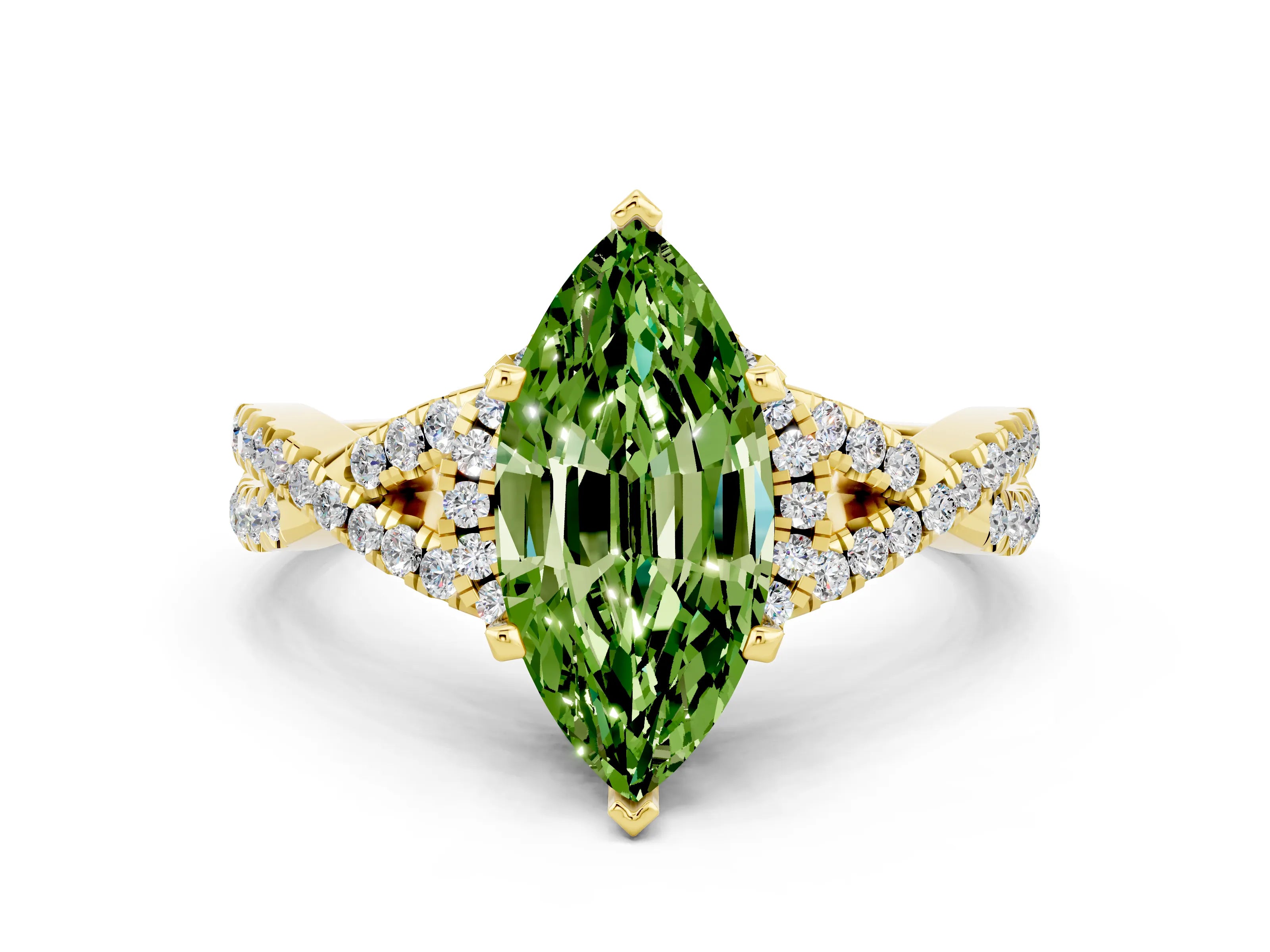 Yellow gold Marquise Cut Peridot Halo Twist Band Solitaire Prong Setting Ring