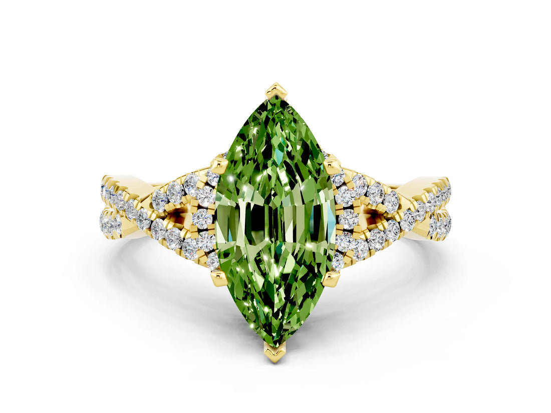 Yellow gold Marquise Cut Peridot Halo Twist Band Solitaire Prong Setting Ring