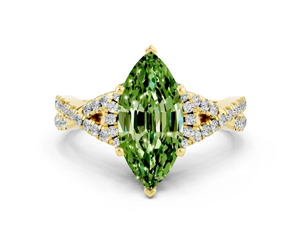 Yellow gold Marquise Cut Peridot  Halo Twist Band Solitaire Prong Setting Ring