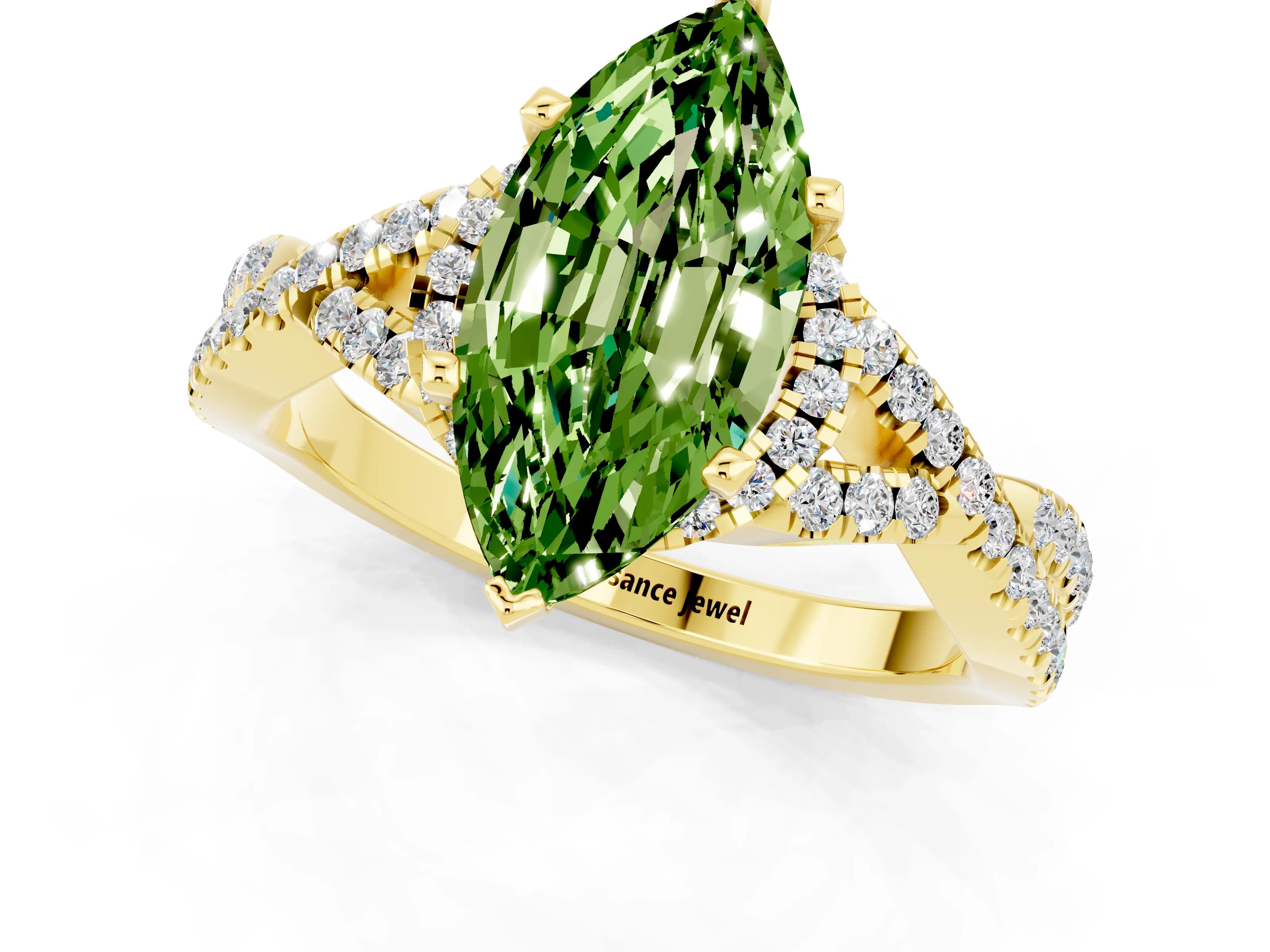 Yellow gold Marquise Cut Peridot Halo Twist Band Solitaire Prong Setting Ring_1