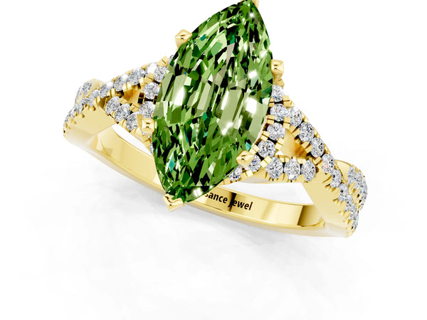 Yellow gold Marquise Cut Peridot  Halo Twist Band Solitaire Prong Setting Ring