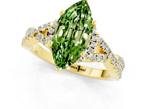 Yellow gold Marquise Cut Peridot Halo Twist Band Solitaire Prong Setting Ring_1