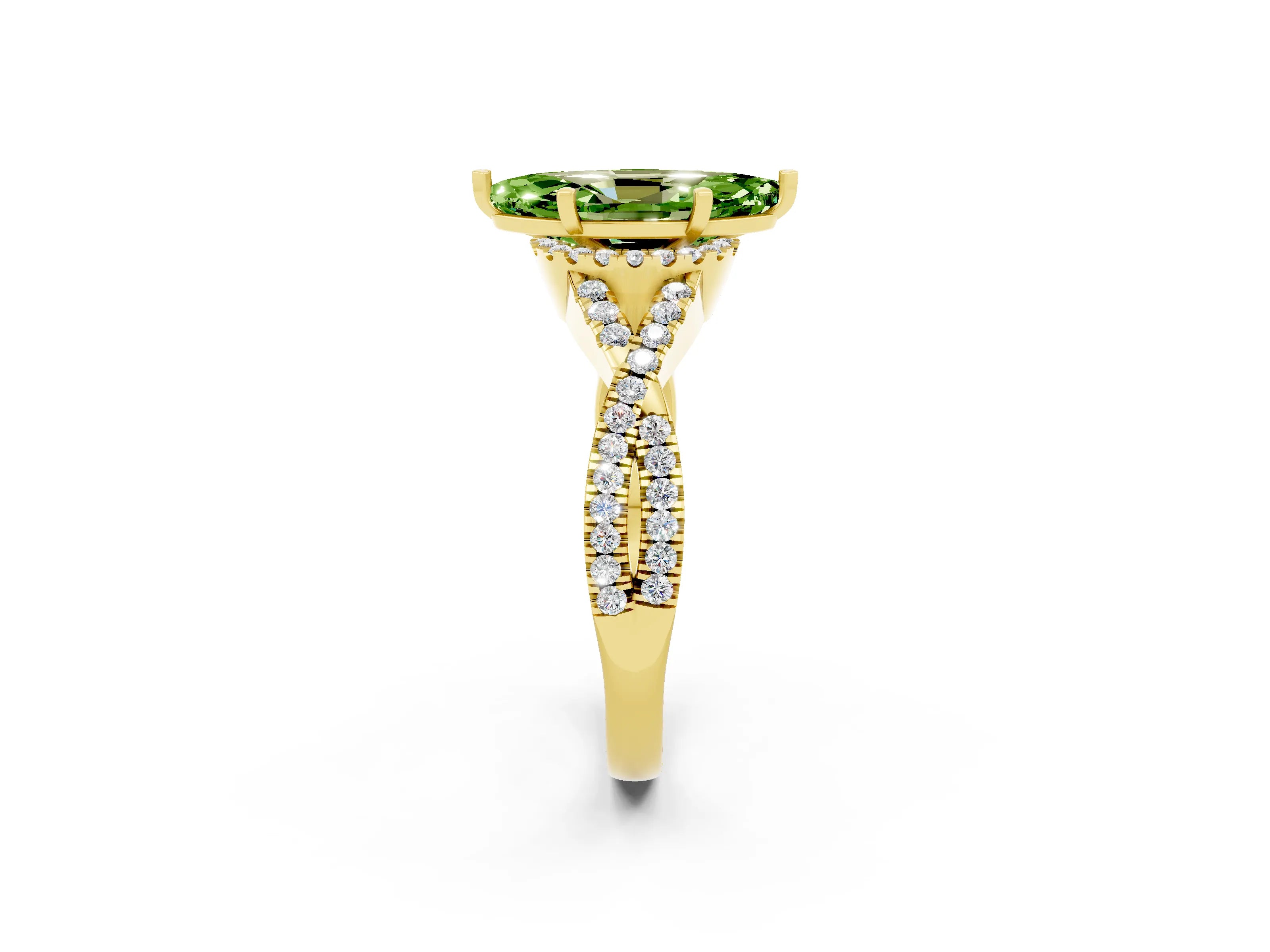 Yellow gold Marquise Cut Peridot Halo Twist Band Solitaire Prong Setting Ring_2