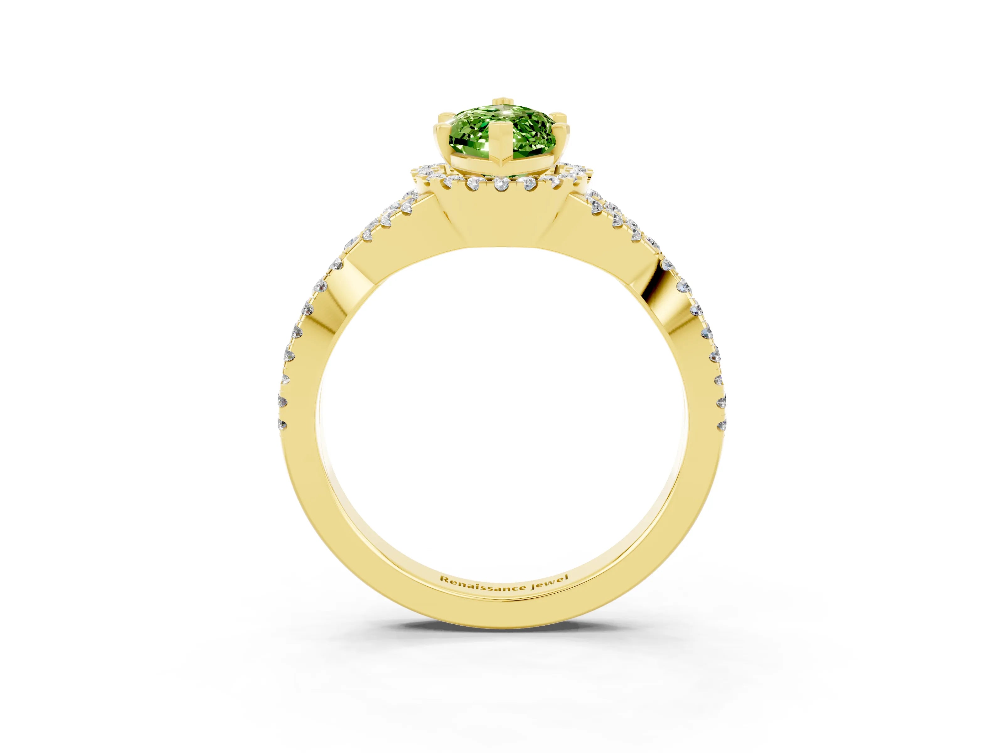 Yellow gold Marquise Cut Peridot Halo Twist Band Solitaire Prong Setting Ring_3