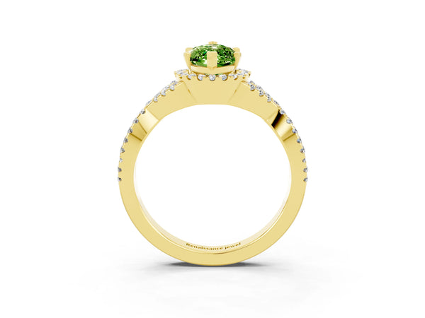 Yellow gold Marquise Cut Peridot  Halo Twist Band Solitaire Prong Setting Ring