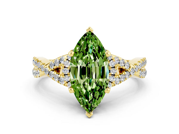 Yellow gold Marquise Cut Peridot  Halo Twist Band Solitaire Prong Setting Ring