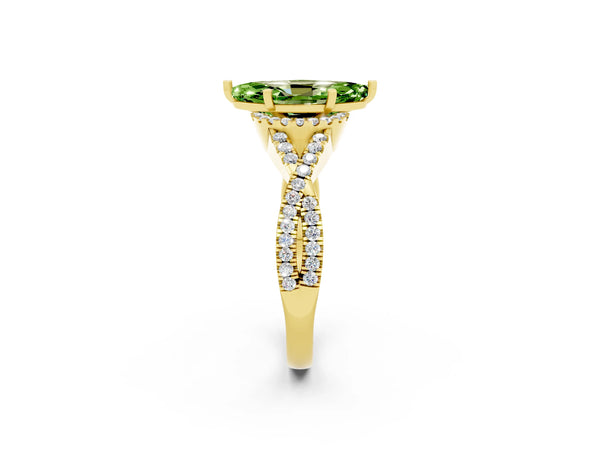 Yellow gold Marquise Cut Peridot  Halo Twist Band Solitaire Prong Setting Ring