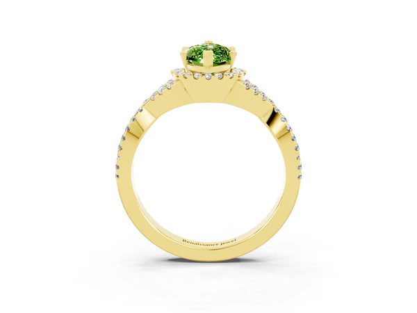 Yellow gold Marquise Cut Peridot  Halo Twist Band Solitaire Prong Setting Ring