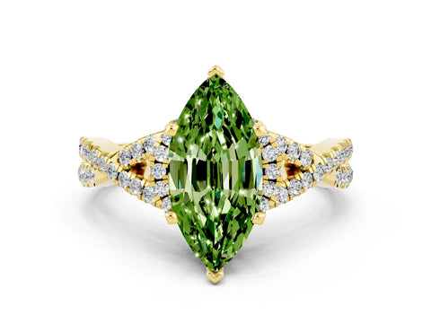 Yellow gold Marquise Cut Peridot Halo Twist Band Solitaire Prong Setting Ring