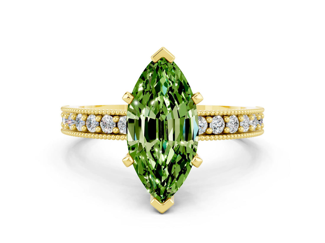 Yellow gold Marquise Cut Peridot Milgrain Pavé Engagement Ring with Four-Prong Setting
