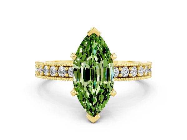Yellow gold Marquise Cut Peridot Milgrain Pavé Engagement Ring with Four-Prong Setting
