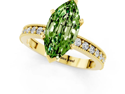 Yellow gold Marquise Cut Peridot Milgrain Pavé Engagement Ring with Four-Prong Setting_1