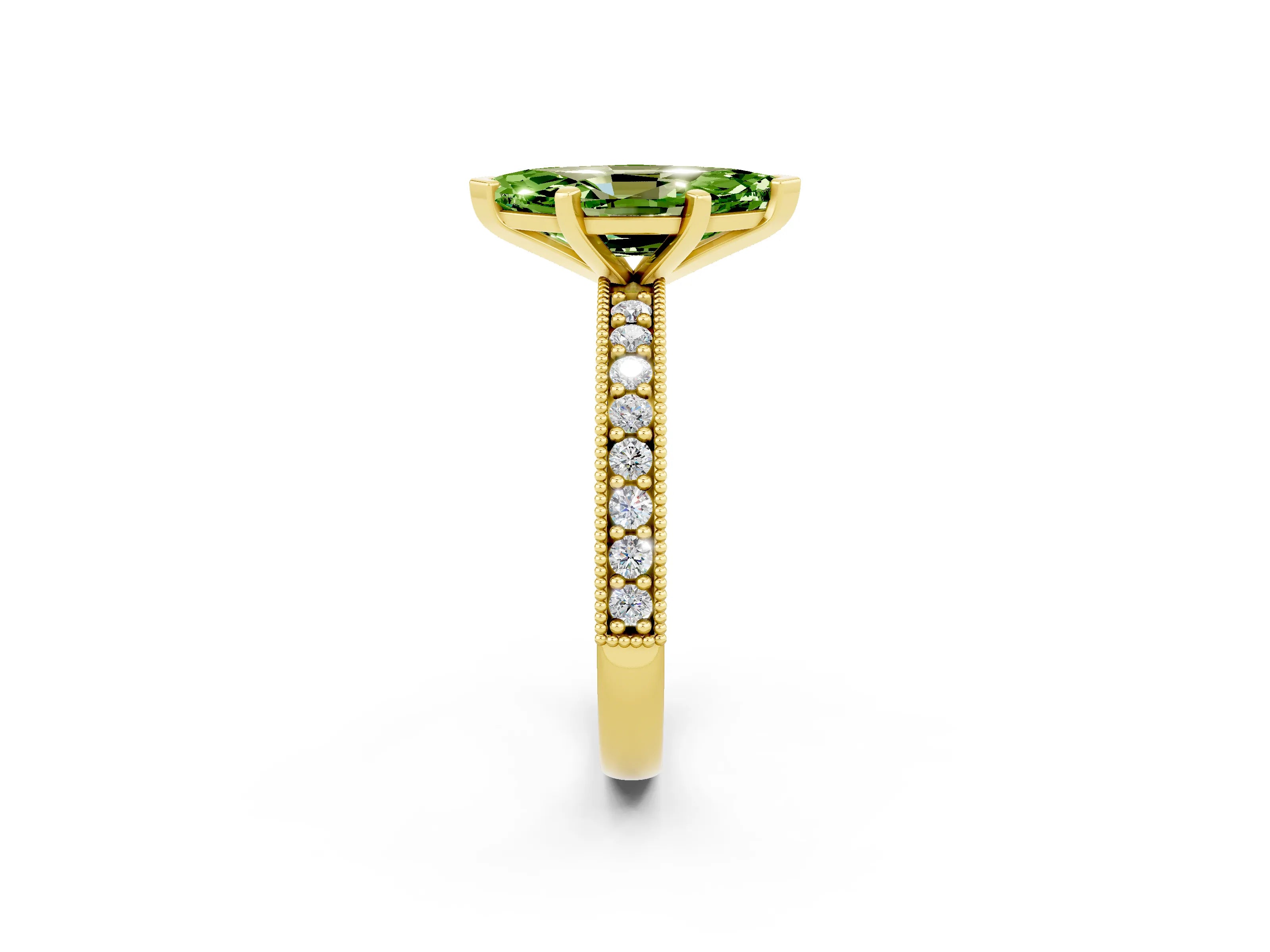 Yellow gold Marquise Cut Peridot Milgrain Pavé Engagement Ring with Four-Prong Setting_2