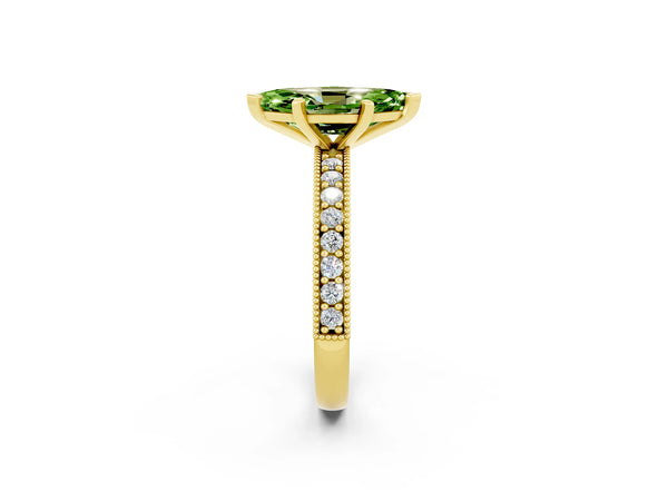Yellow gold Marquise Cut Peridot Milgrain Pavé Engagement Ring with Four-Prong Setting