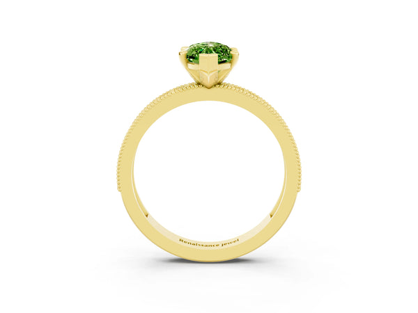 Yellow gold Marquise Cut Peridot Milgrain Pavé Engagement Ring with Four-Prong Setting