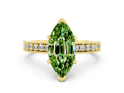 Yellow gold Marquise Cut Peridot Milgrain Pavé Engagement Ring with Four-Prong Setting