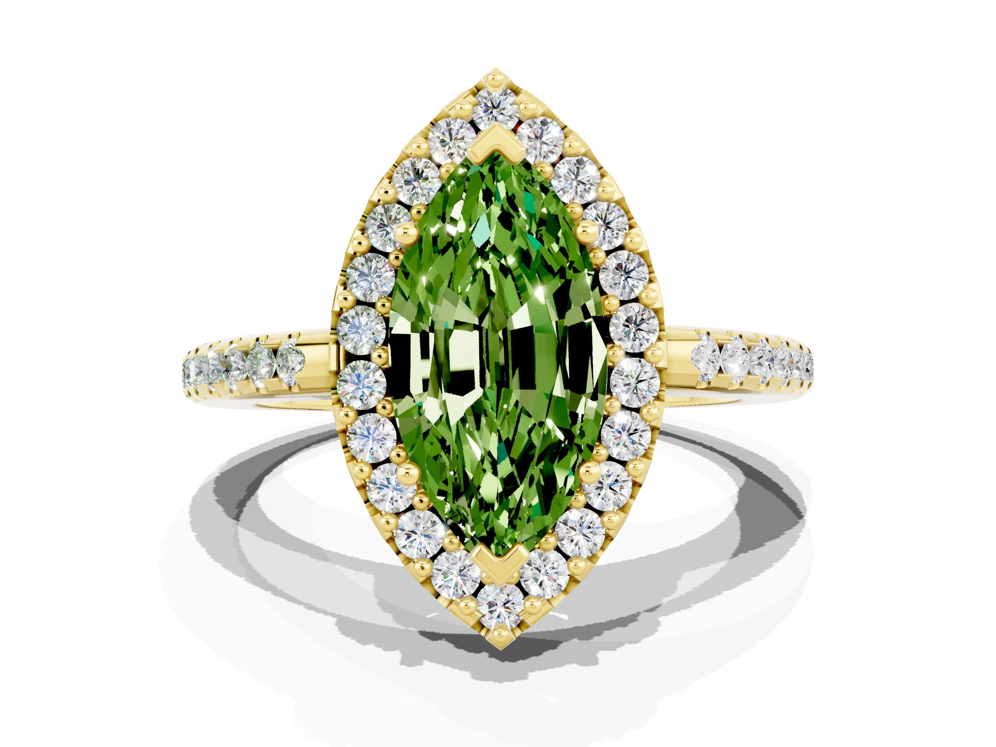 Yellow gold Marquise Cut Peridot Pavé Halo Ring with Four-Prong Setting_12