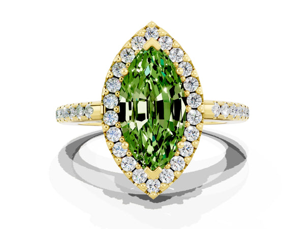 Yellow gold Marquise Cut Peridot Pavé Halo Ring with Four-Prong Setting