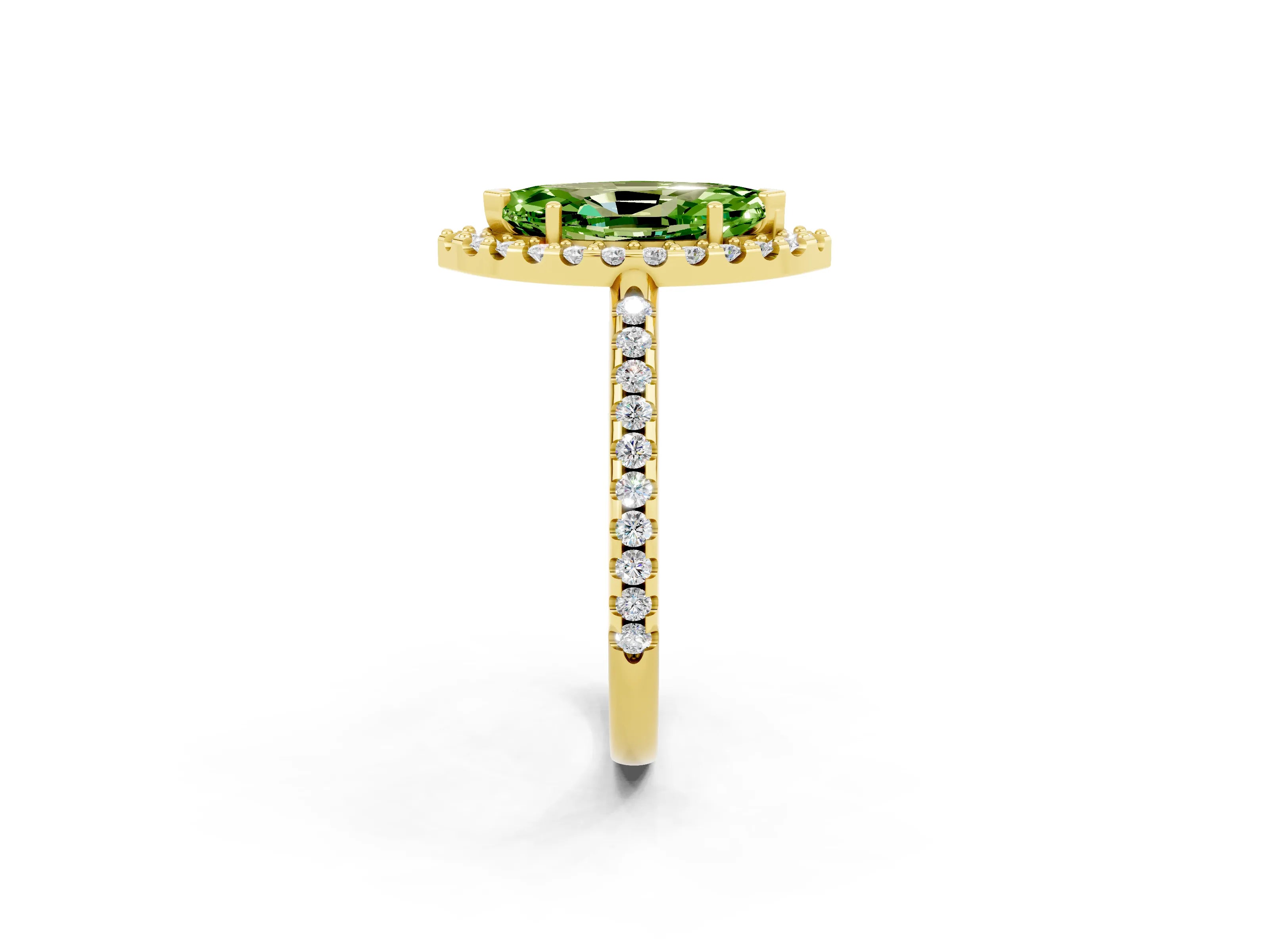 Yellow gold Marquise Cut Peridot Pavé Halo Ring with Four-Prong Setting_14