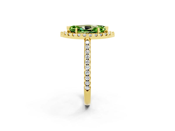 Yellow gold Marquise Cut Peridot Pavé Halo Ring with Four-Prong Setting