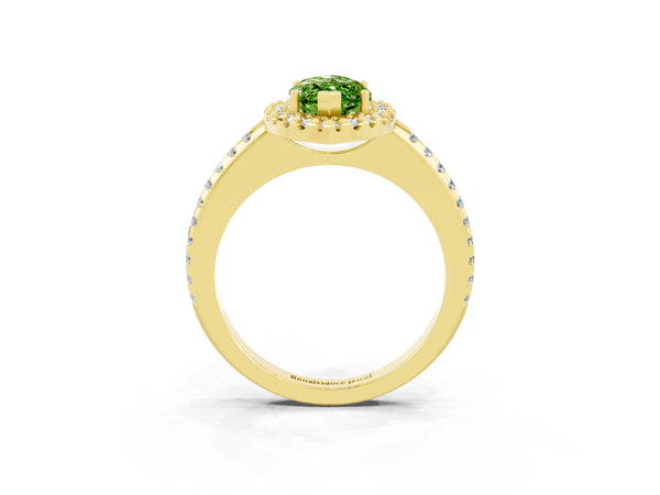 Yellow gold Marquise Cut Peridot Pavé Halo Ring with Four-Prong Setting