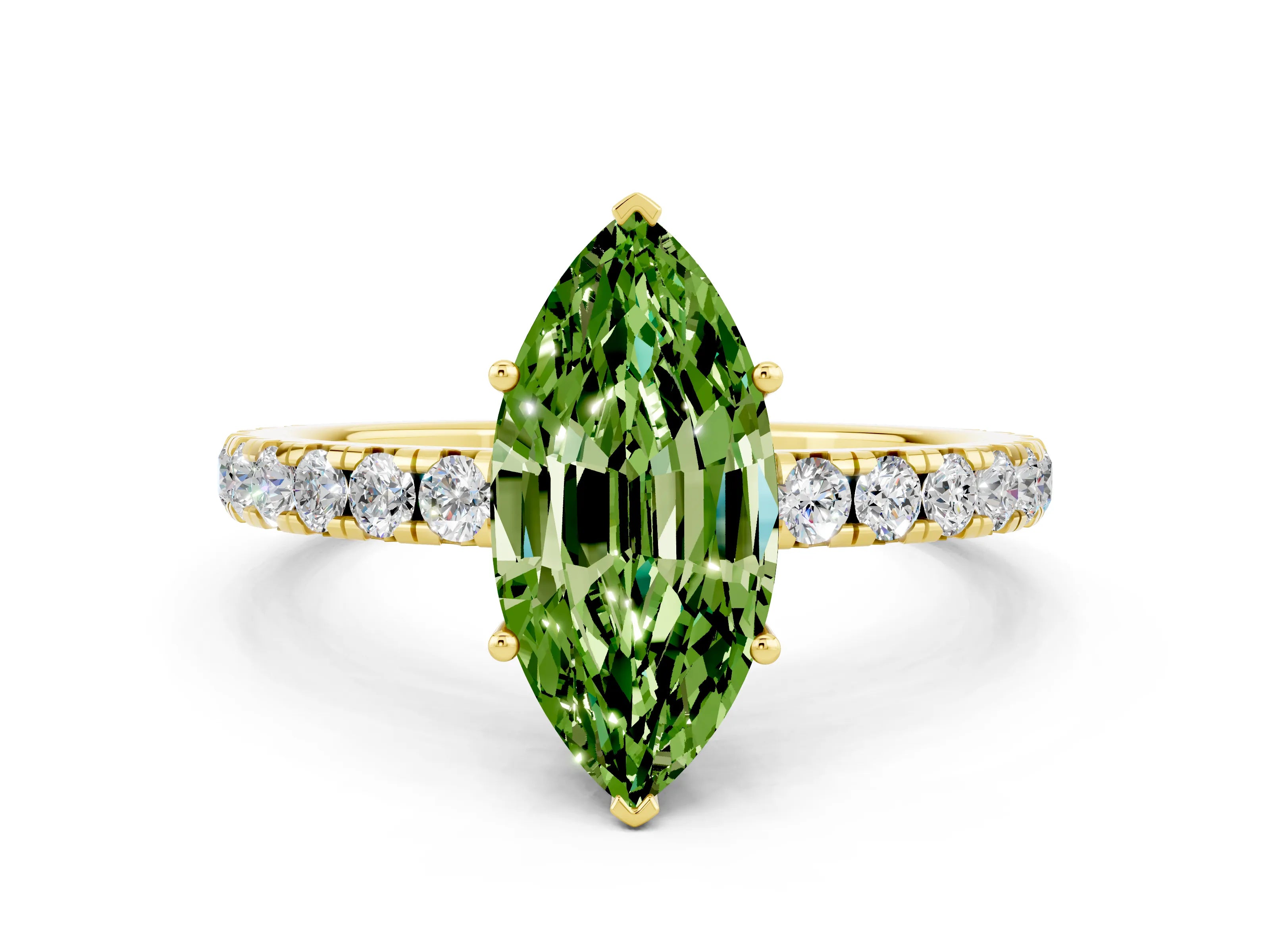 Yellow gold Marquise Cut Peridot Pavé Solitaire Engagement Ring with Four-Prong Setting_12