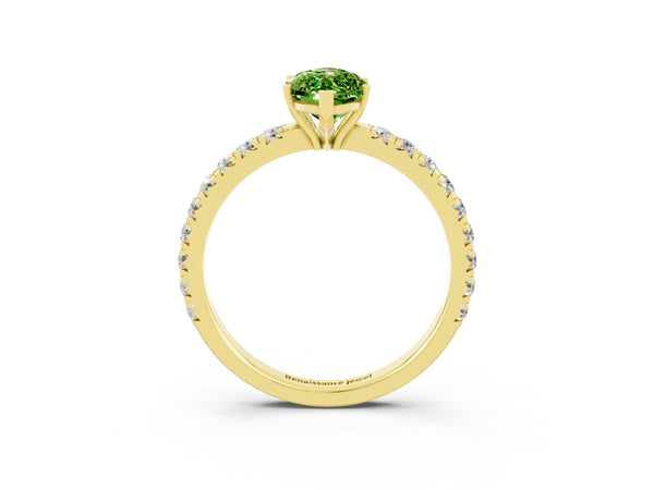 Yellow gold Marquise Cut Peridot Pavé Solitaire Engagement Ring with Four-Prong Setting