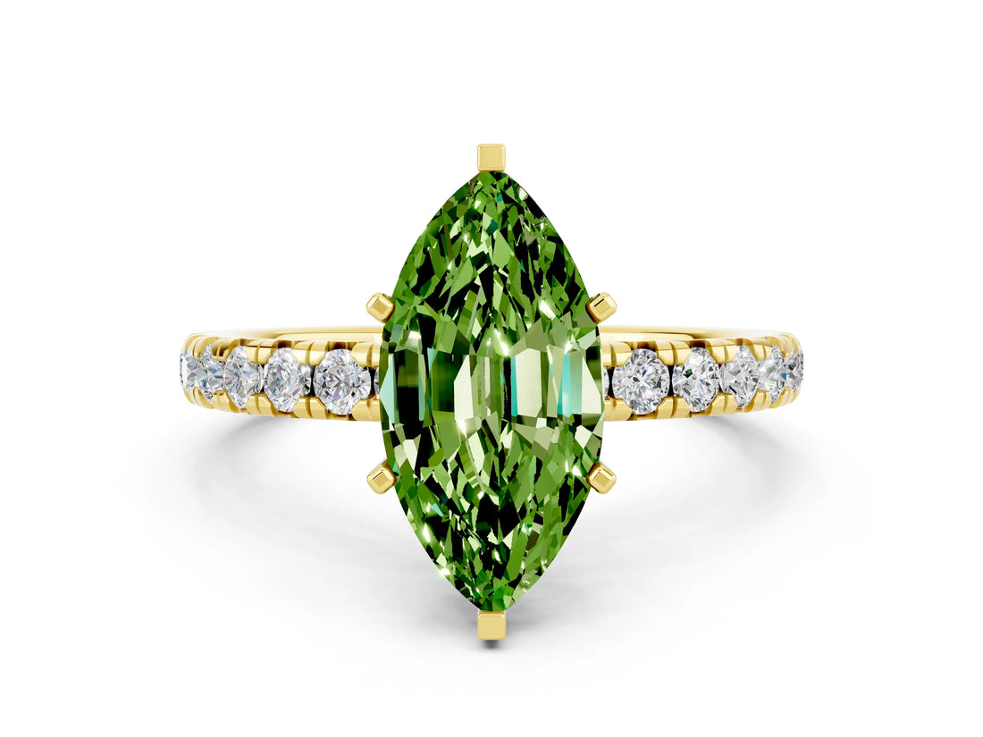 Yellow gold Marquise Cut Peridot Pavé Solitaire Ring with Round Band and Prong Setting_24