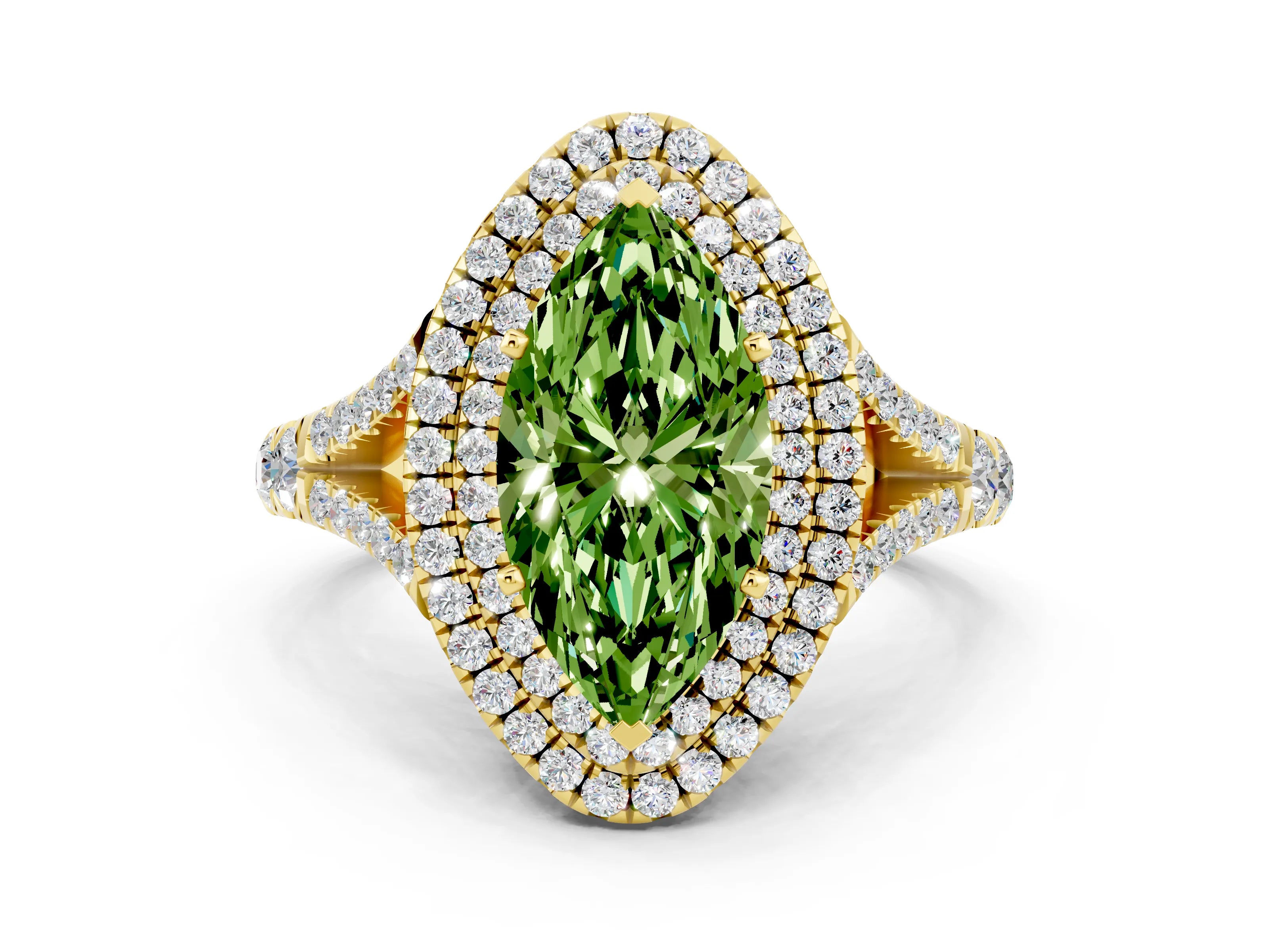 Yellow gold Marquise Cut Peridot Pavé Split Shank Double Halo Engagement Ring