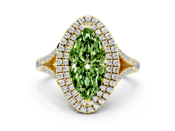 Yellow gold Marquise Cut Peridot Pavé Split Shank Double Halo Engagement Ring