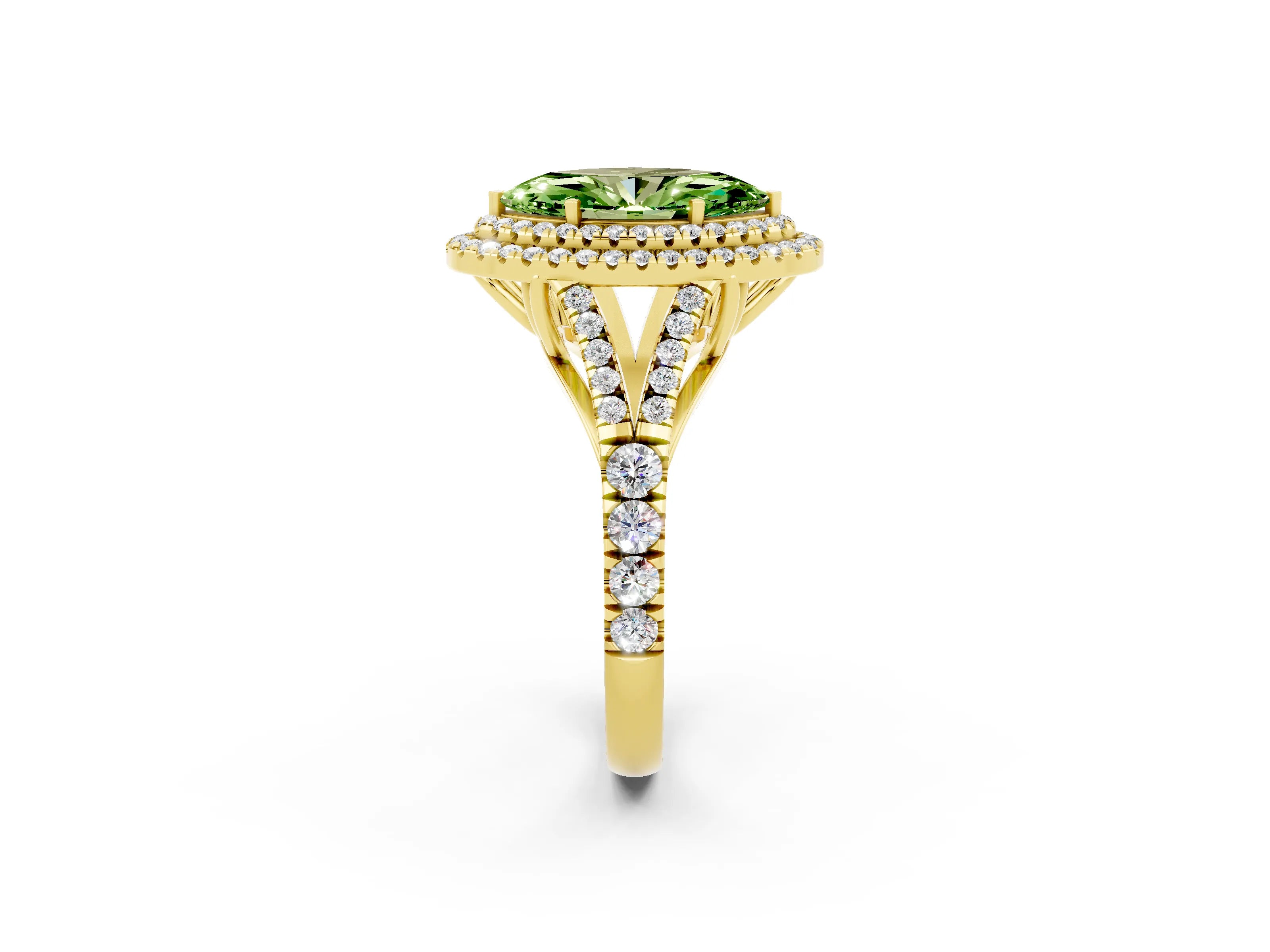 Yellow gold Marquise Cut Peridot Pavé Split Shank Double Halo Engagement Ring_2