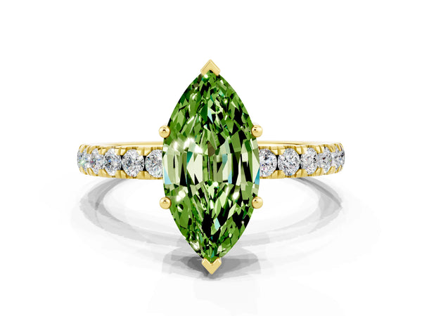 Yellow gold Marquise Cut Peridot Pave Band Solitaire Ring with Round  and Prong Setting