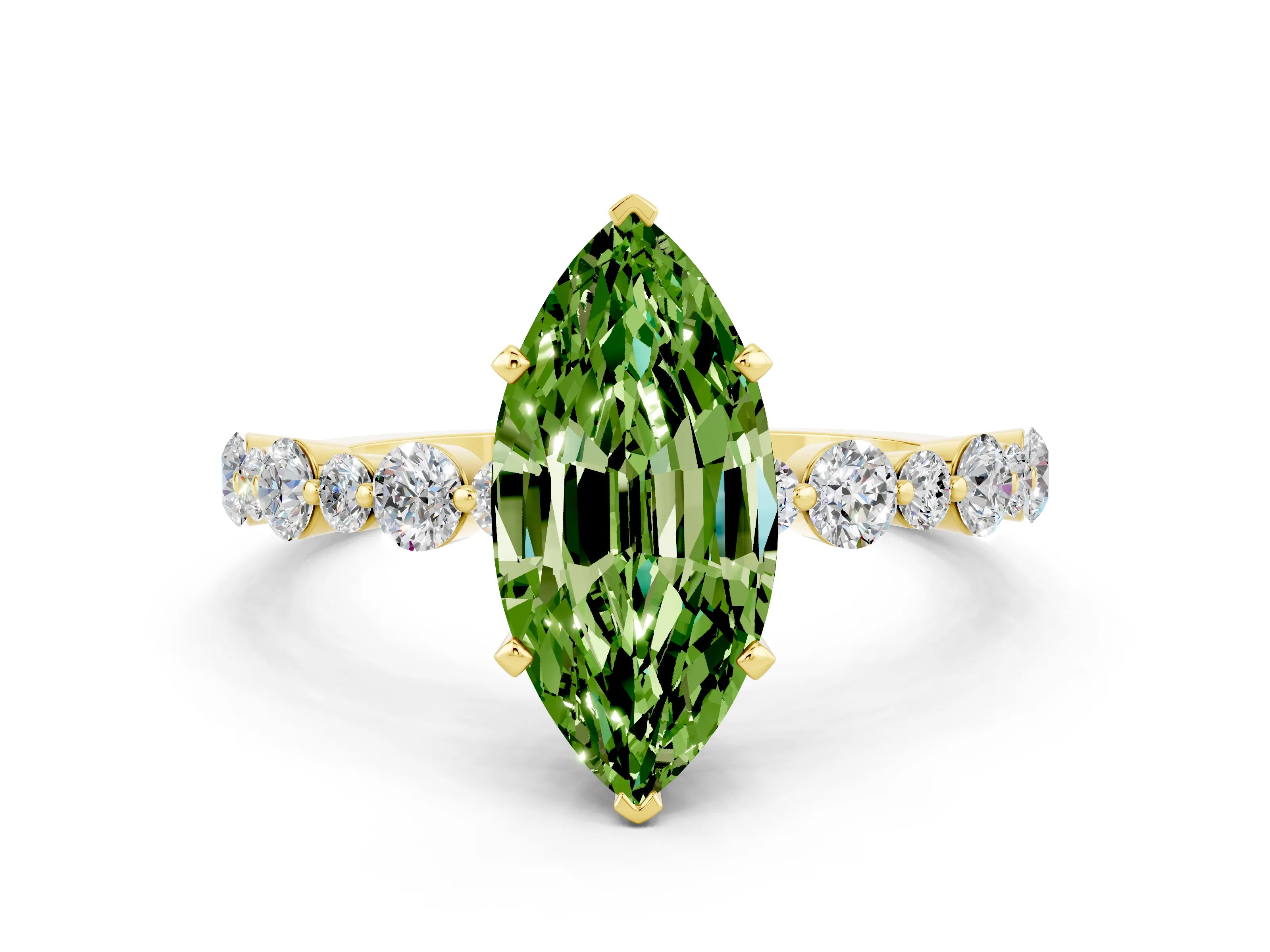 Yellow gold Marquise Cut Peridot Prong Set Engagement Ring with Pavé Band