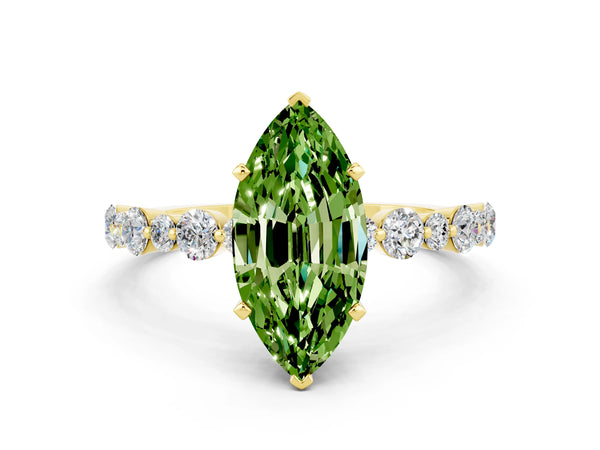 Yellow gold Marquise Cut Peridot Prong Set Engagement Ring with Pavé Band