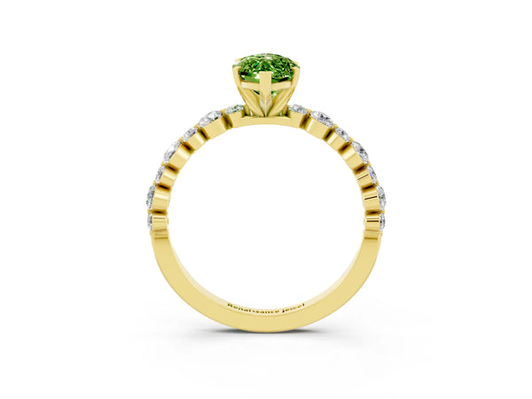 Yellow gold Marquise Cut Peridot Prong Set Engagement Ring with Pavé Band