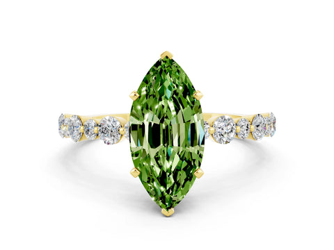 Yellow gold Marquise Cut Peridot Prong Set Engagement Ring with Pavé Band