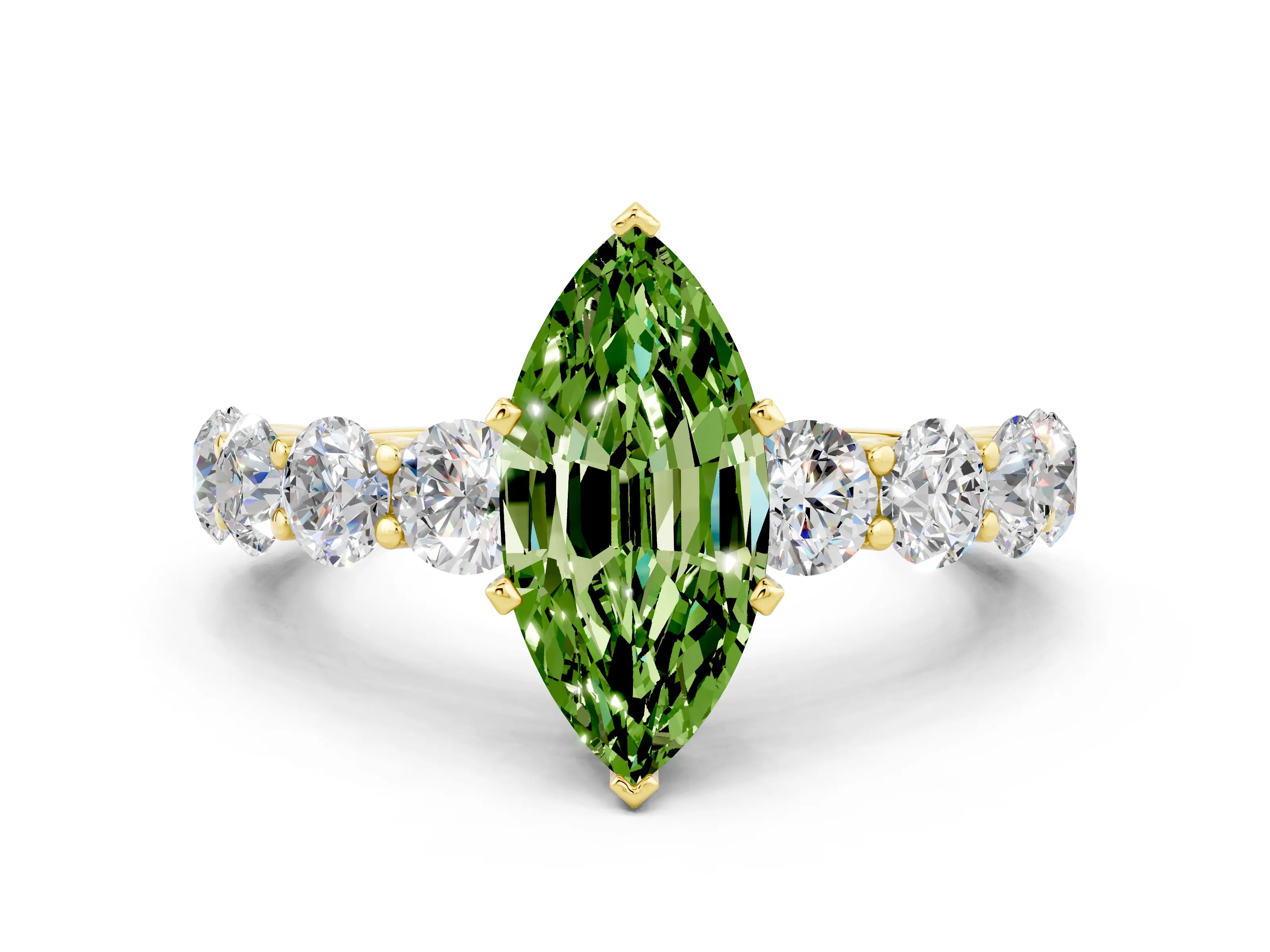 Yellow gold Marquise Cut Peridot Prong Setting with Side Stones on a Pave Band