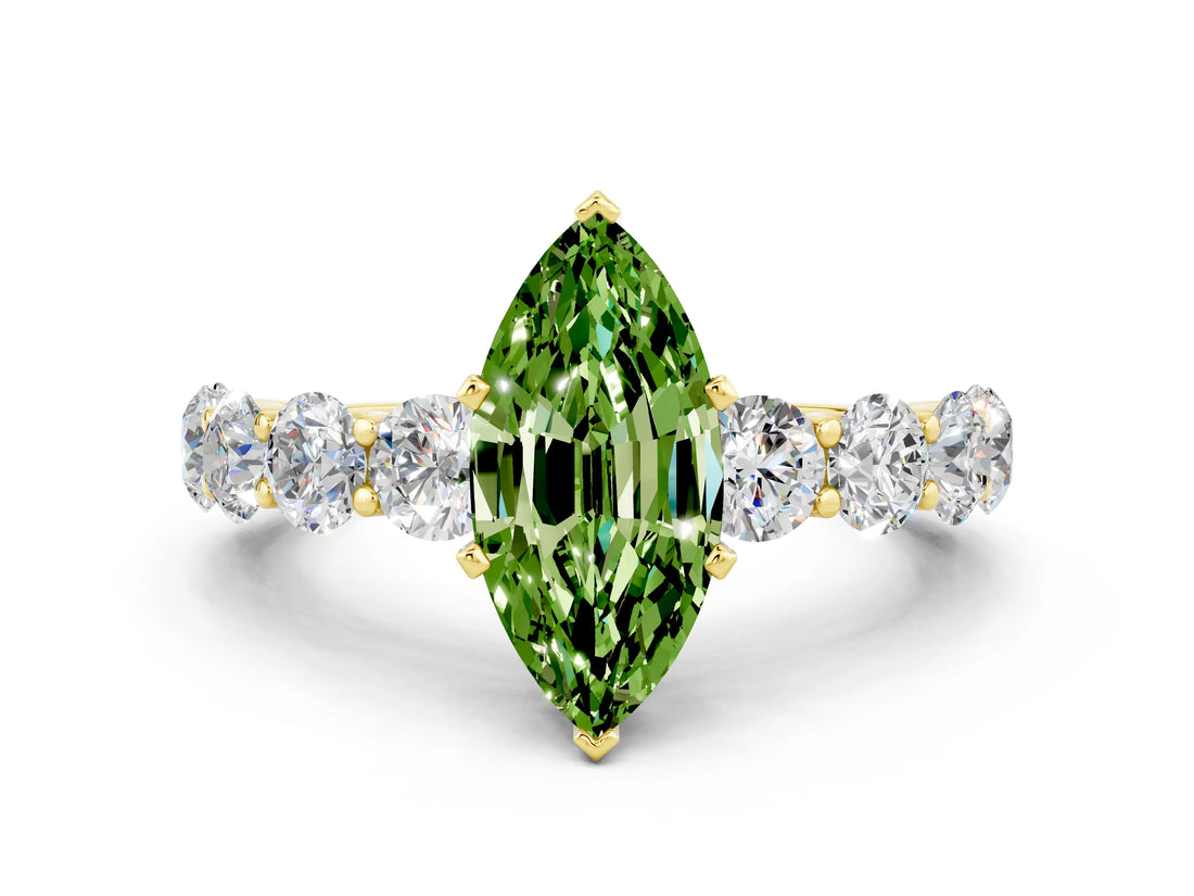 Yellow gold Marquise Cut Peridot Prong Setting with Side Stones on a Pave Band