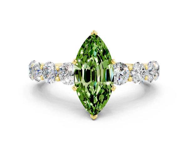 Yellow gold Marquise Cut Peridot Prong Setting with Side Stones on a Pave Band
