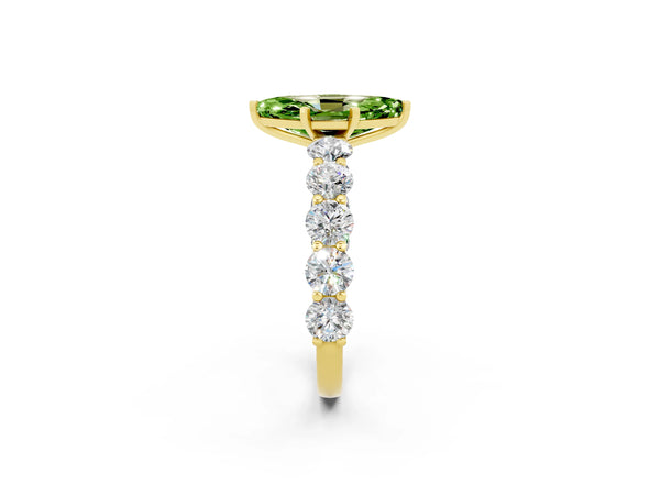Yellow gold Marquise Cut Peridot Prong Setting with Side Stones on a Pave Band