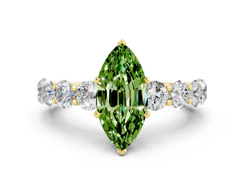 Yellow gold Marquise Cut Peridot Prong Setting with Side Stones on a Pave Band