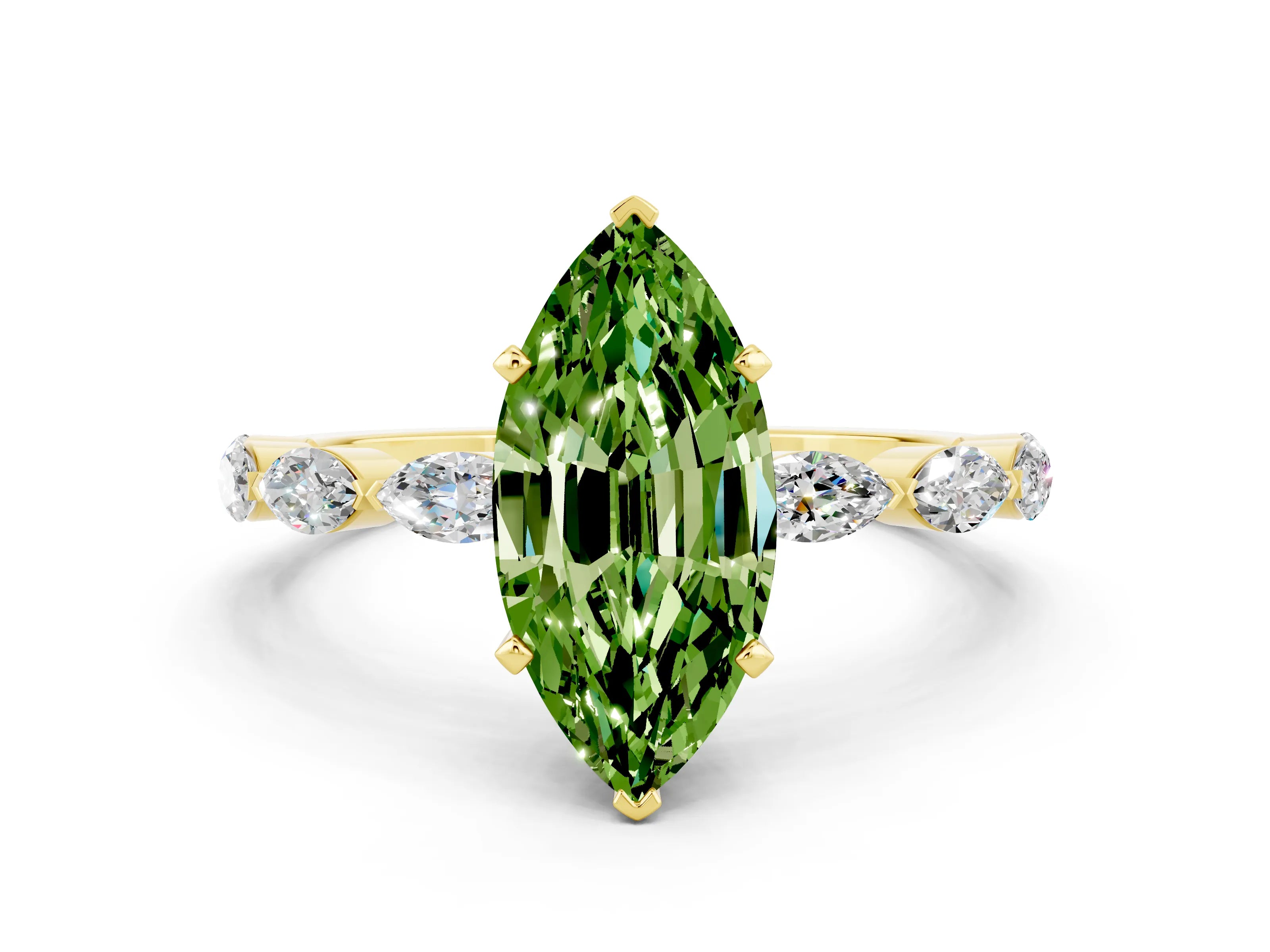 Yellow gold Marquise Cut Peridot Ring with Marquise Side Stones and Prong Setting