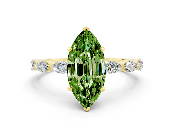 Yellow gold Marquise Cut Peridot Ring with Marquise Side Stones and Prong Setting