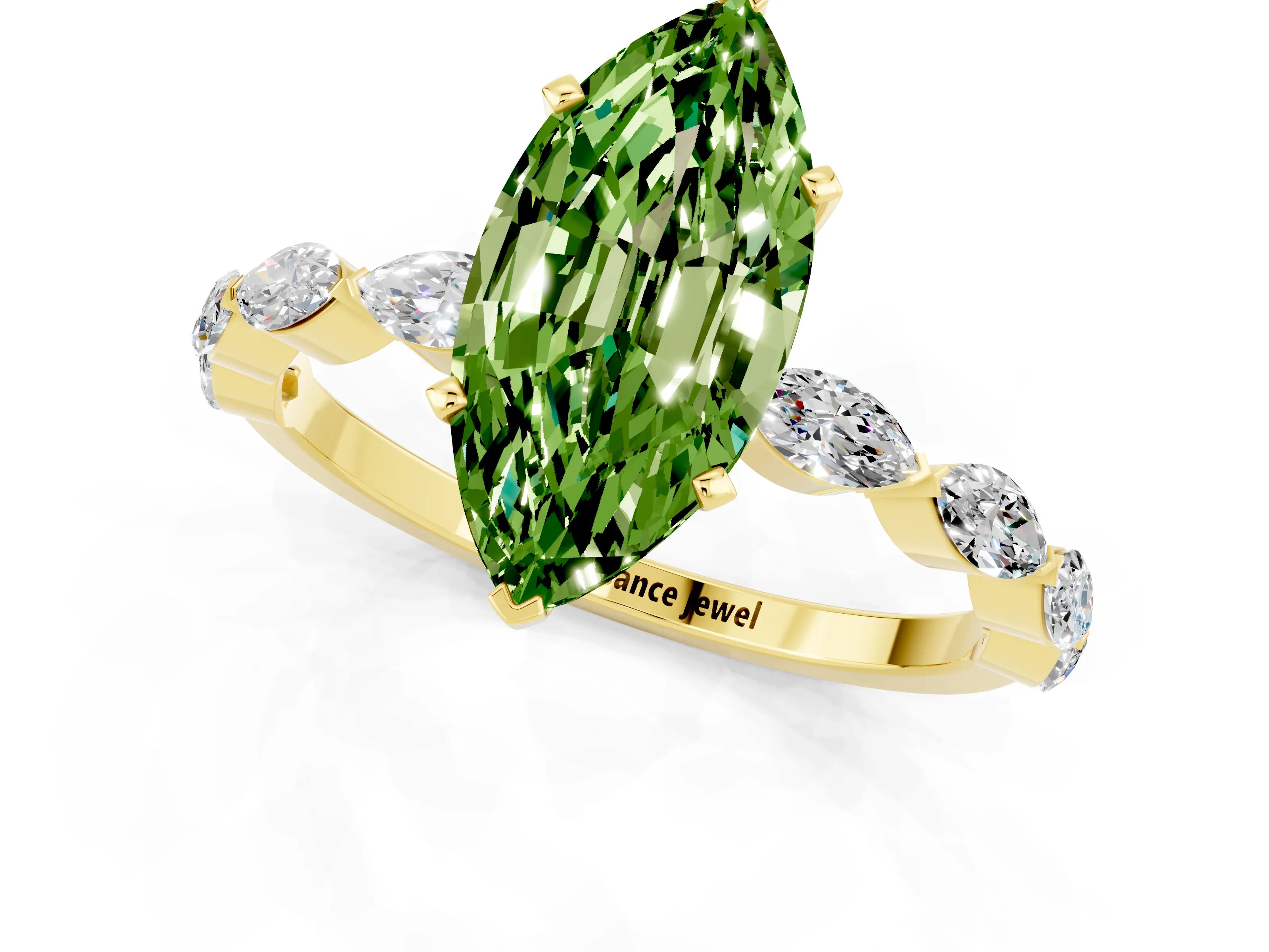 Yellow gold Marquise Cut Peridot Ring with Marquise Side Stones and Prong Setting_1
