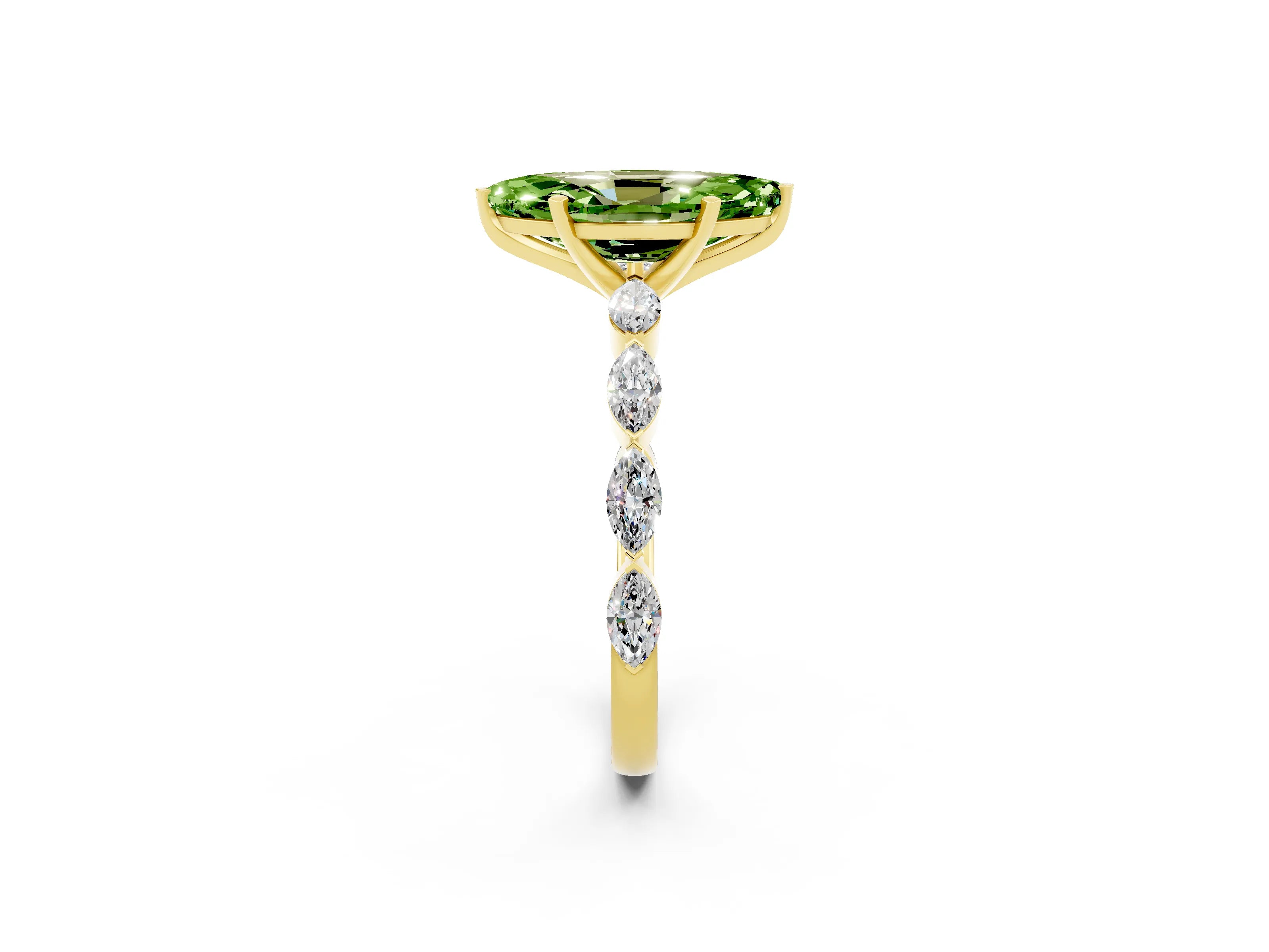 Yellow gold Marquise Cut Peridot Ring with Marquise Side Stones and Prong Setting_2
