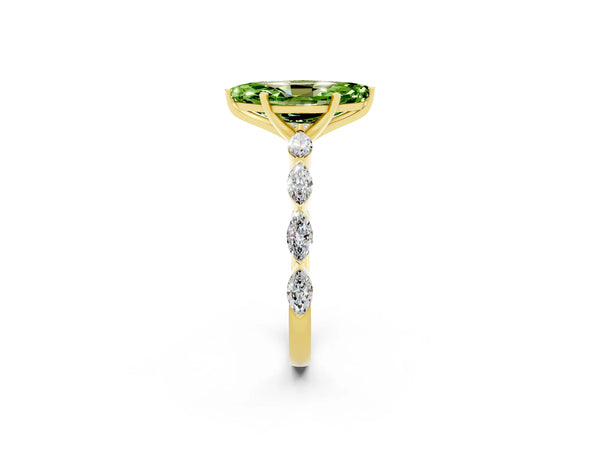 Yellow gold Marquise Cut Peridot Ring with Marquise Side Stones and Prong Setting