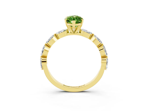 Yellow gold Marquise Cut Peridot Ring with Marquise Side Stones and Prong Setting