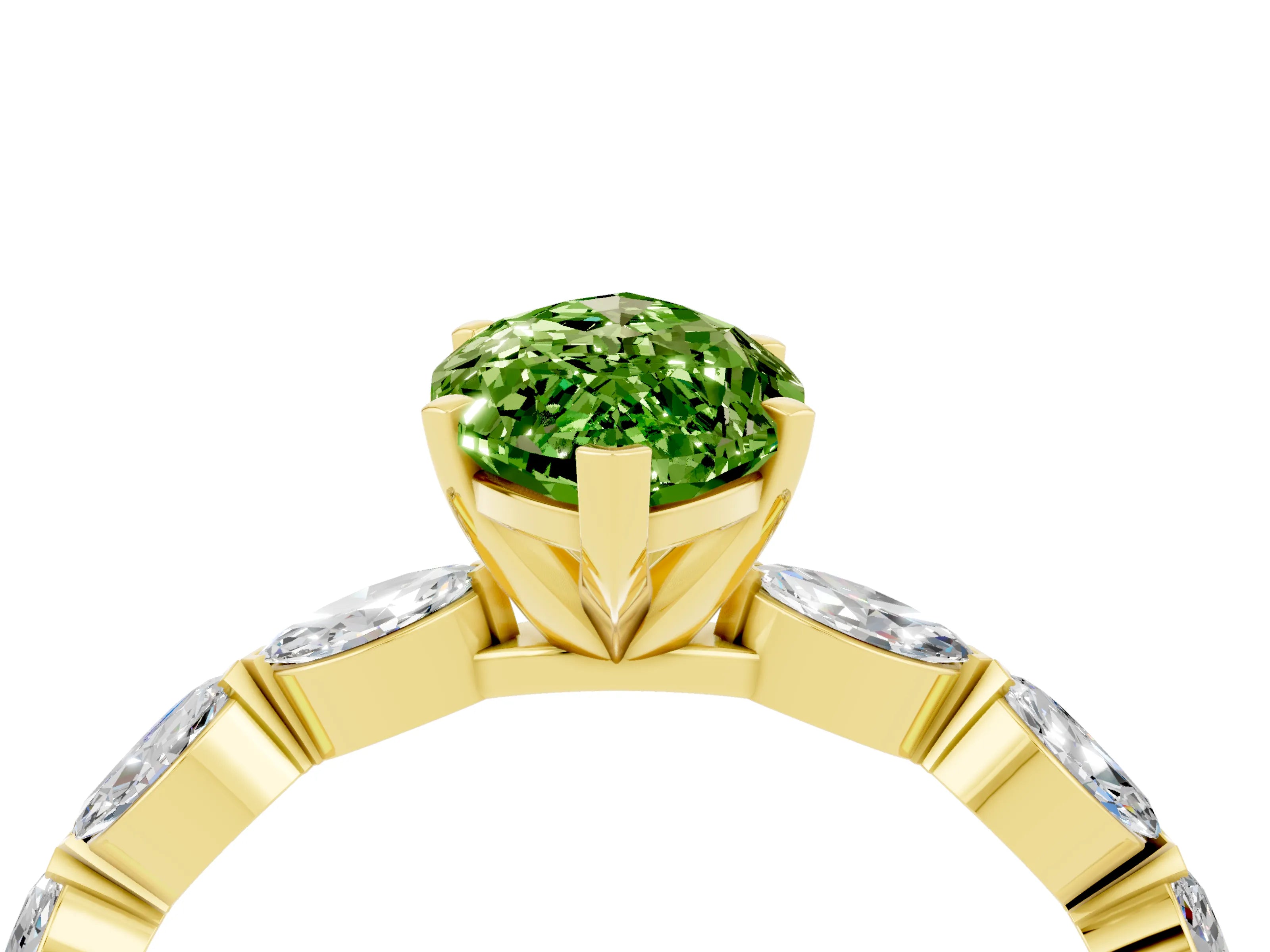 Yellow gold Marquise Cut Peridot Ring with Marquise Side Stones and Prong Setting_4