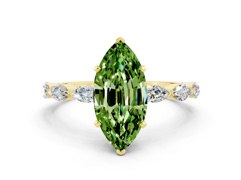 Yellow gold Marquise Cut Peridot Ring with Marquise Side Stones and Prong Setting