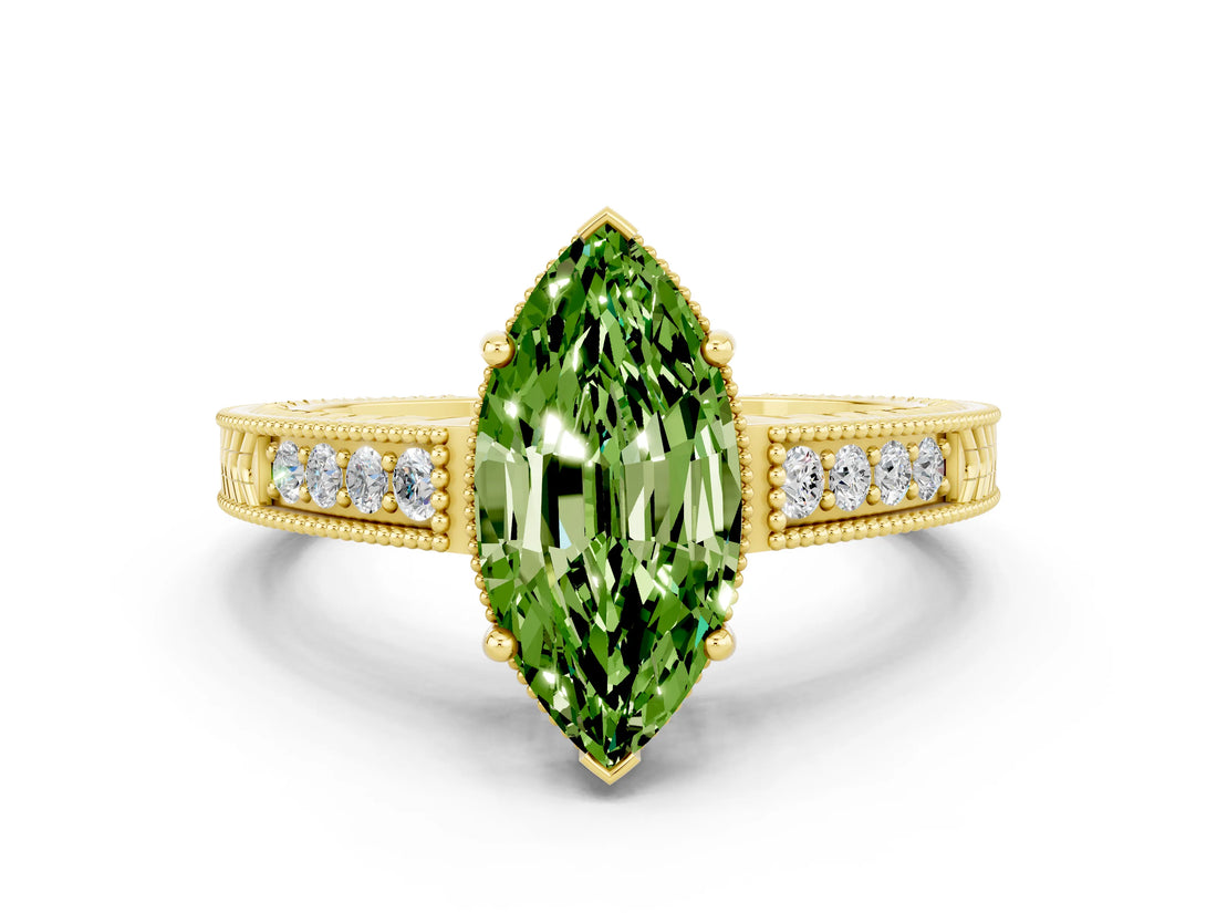 Yellow gold Marquise Cut Peridot Ring with Milgrain Pavé Band and Four-Prong Setting_12